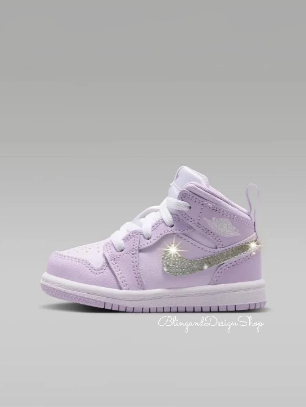 Girls Bling Purple Jordan 1 Mid Sneakers Custom With Clear Swarovski Crystals